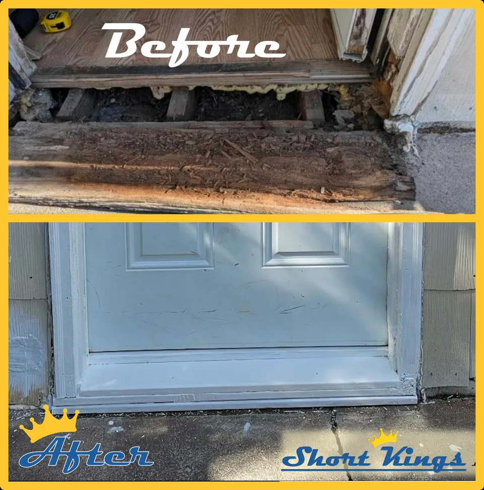 Rotted wood under a door above the new door and threshold