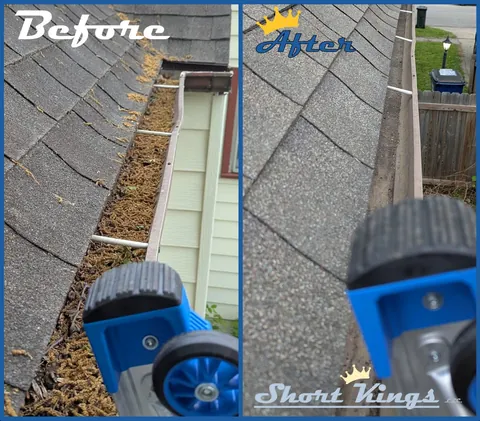 Gutter full of debris beside the same gutter after cleaning